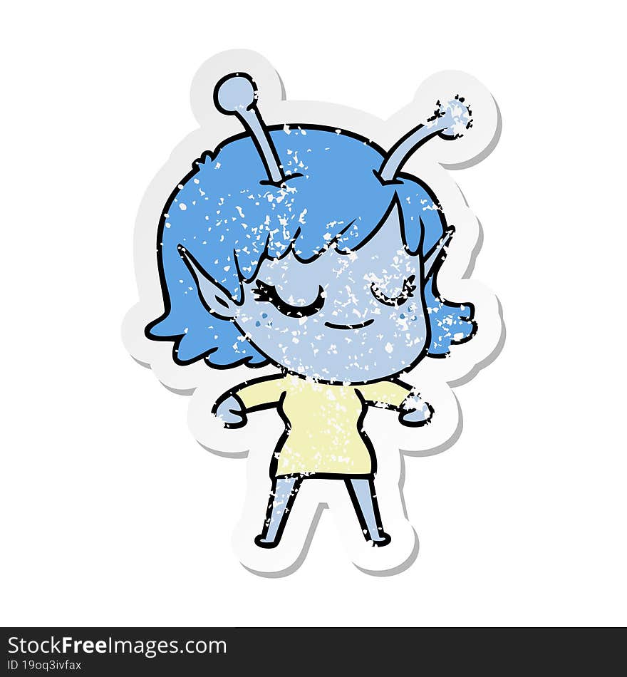 distressed sticker of a smiling alien girl cartoon