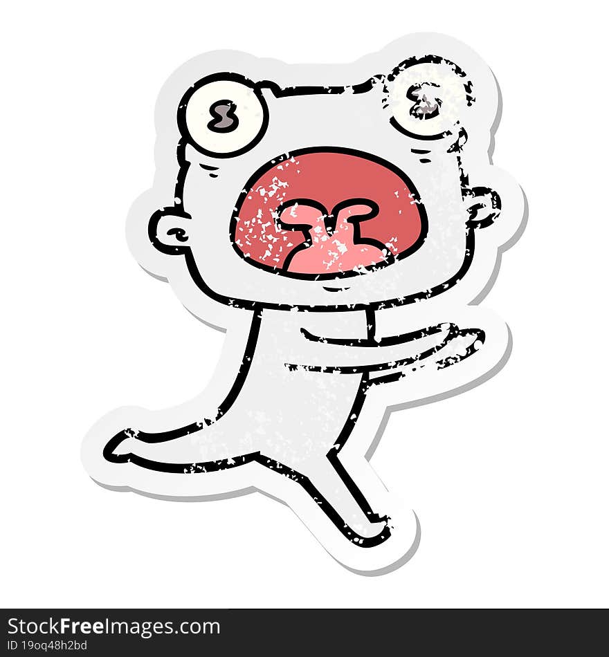 distressed sticker of a cartoon weird alien running away