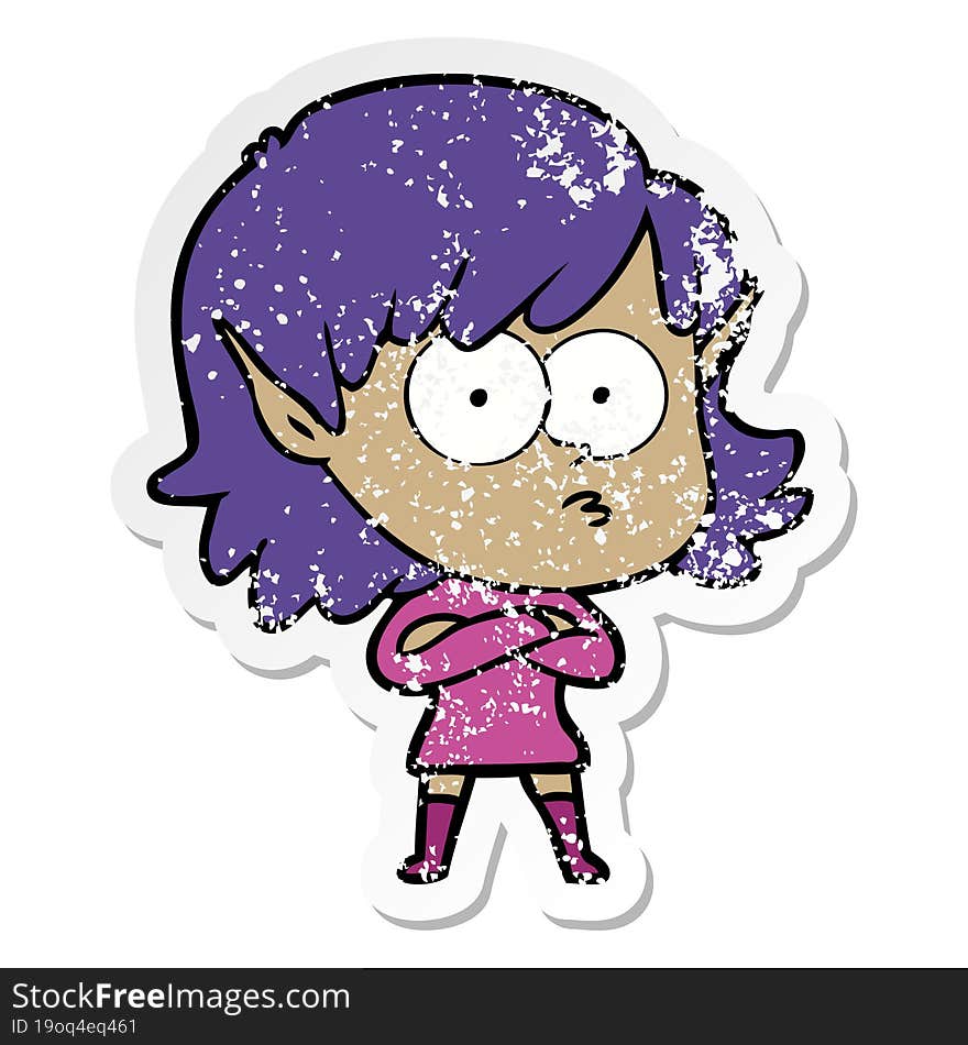 distressed sticker of a cartoon elf girl staring