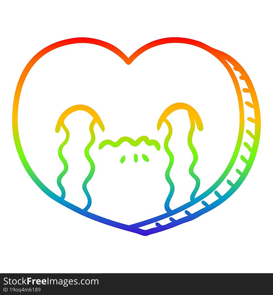 rainbow gradient line drawing of a cartoon crying love heart