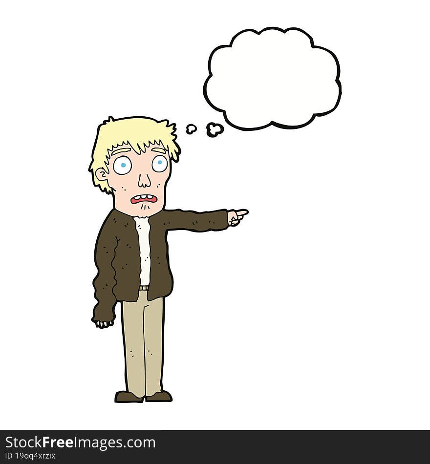 cartoon terrified man pointing with thought bubble