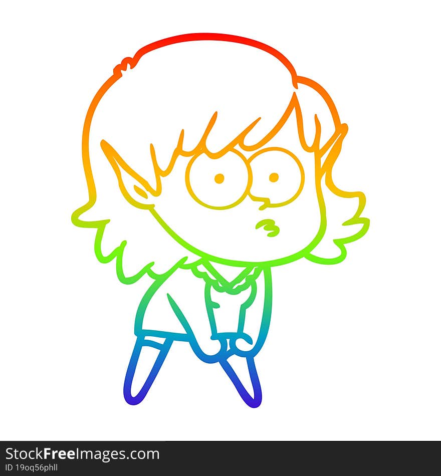 rainbow gradient line drawing cartoon elf girl staring and crouching