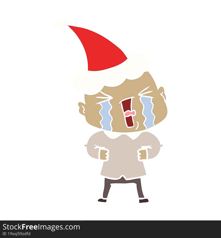 flat color illustration of a crying bald man wearing santa hat