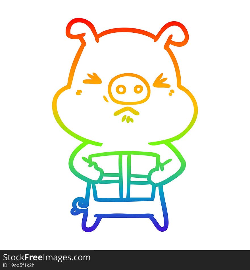 rainbow gradient line drawing cartoon angry pig with christmas present