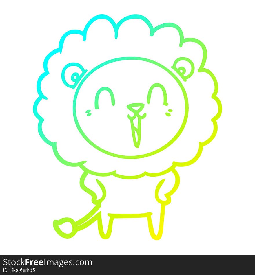 cold gradient line drawing of a laughing lion cartoon