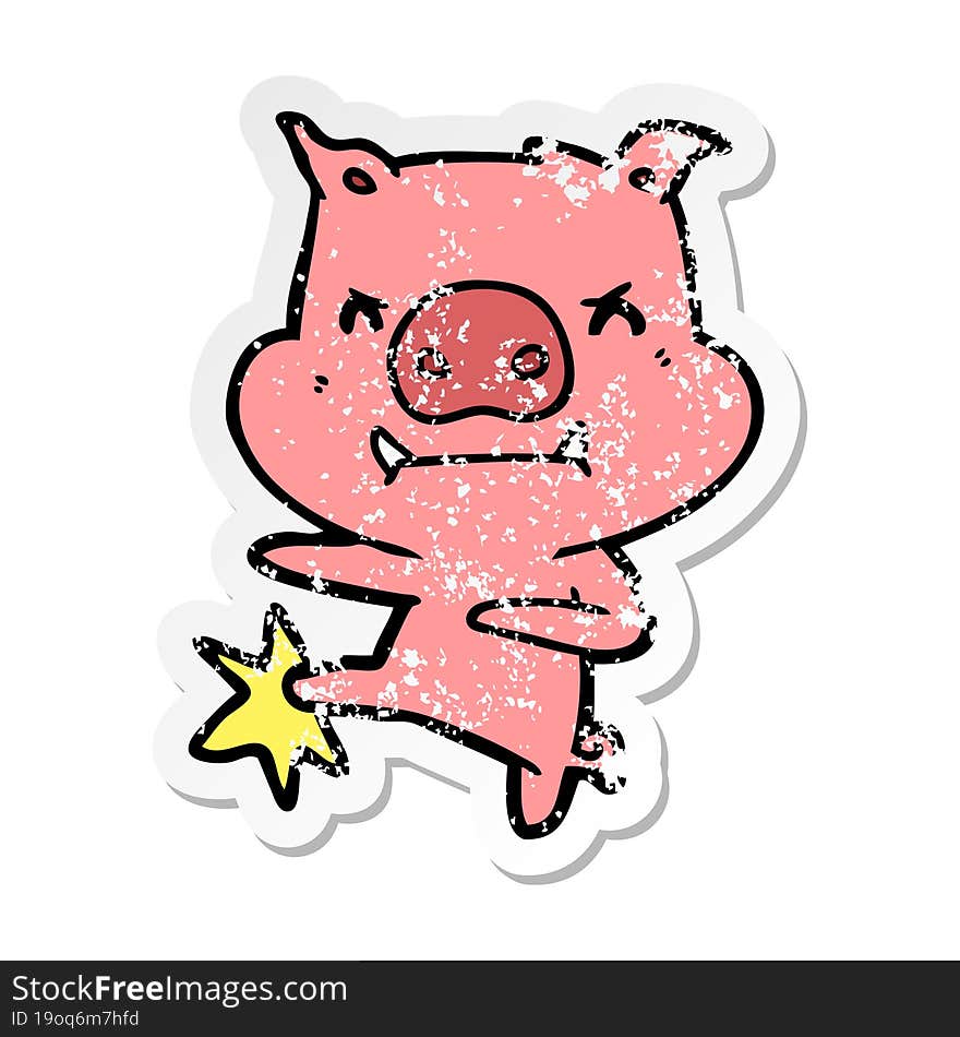 distressed sticker of a angry cartoon pig karate kicking