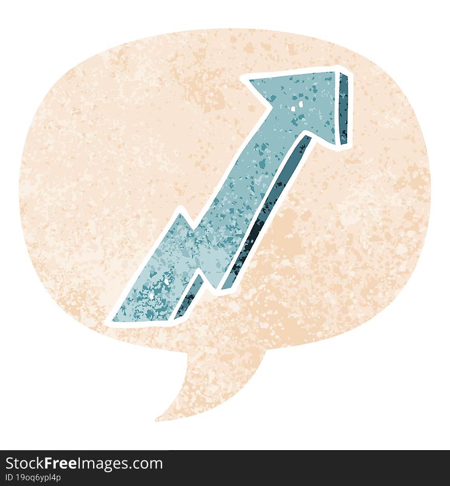 cartoon positive growth arrow and speech bubble in retro textured style