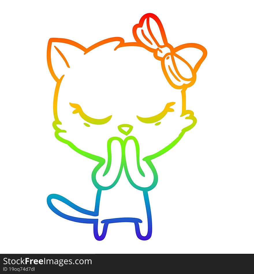 Rainbow Gradient Line Drawing Cute Cartoon Cat With Bow