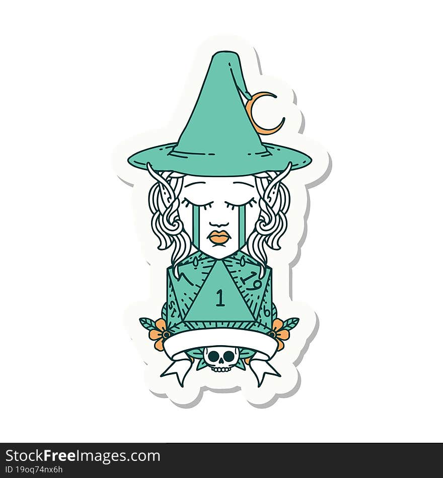 crying elf mage character with natural one dice roll sticker