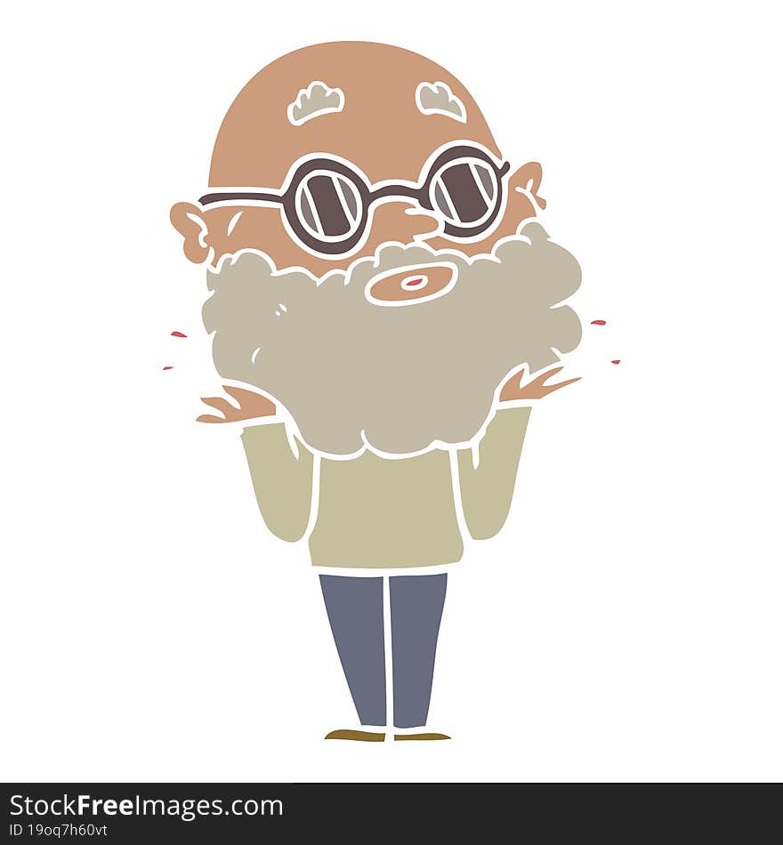 flat color style cartoon curious man with beard and sunglasses