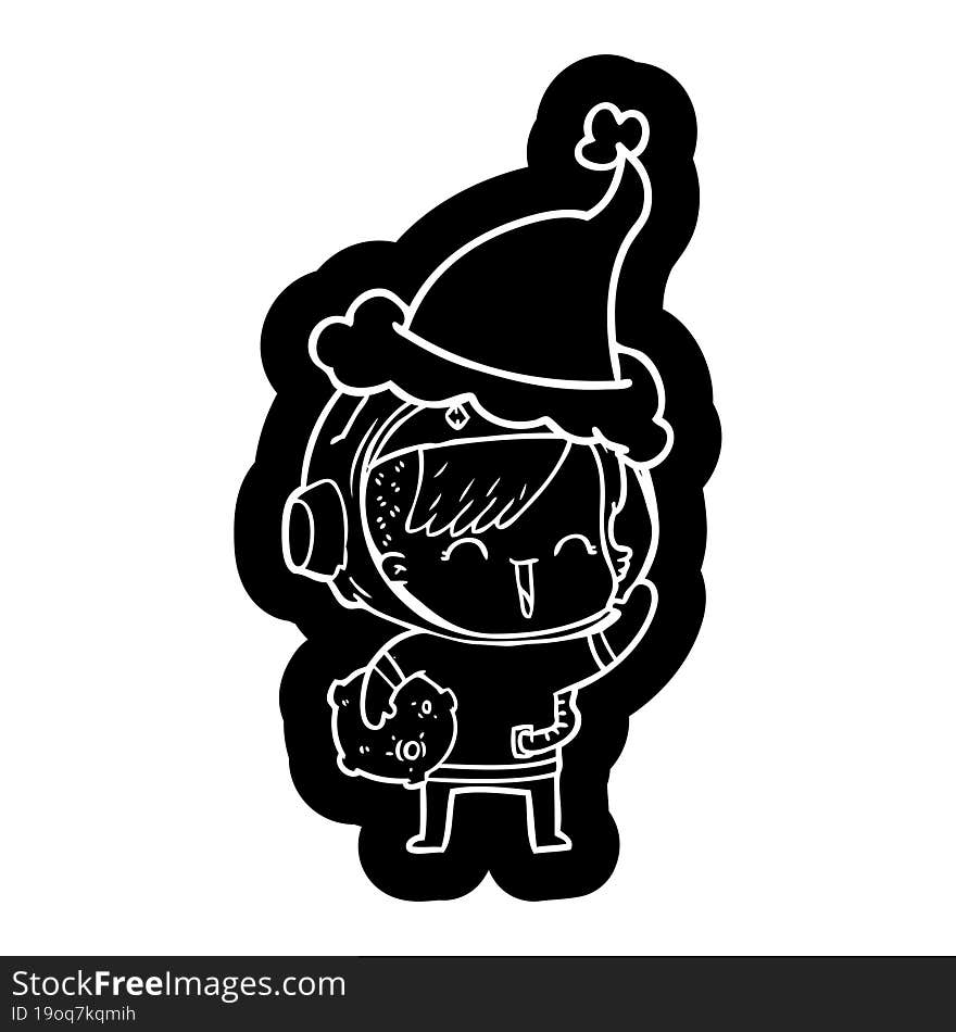 cartoon icon of a happy spacegirl holding moon rock wearing santa hat