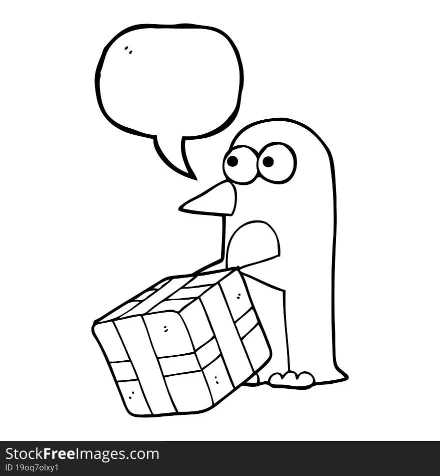 speech bubble cartoon penguin with christmas present