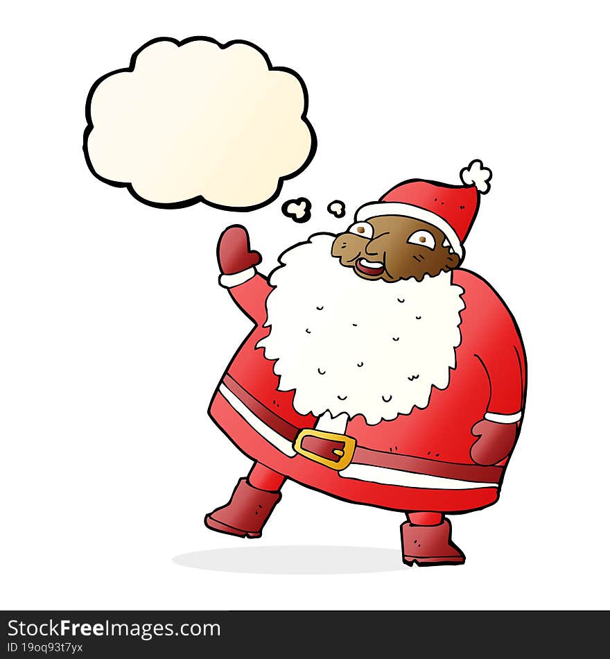 funny waving santa claus cartoon with thought bubble