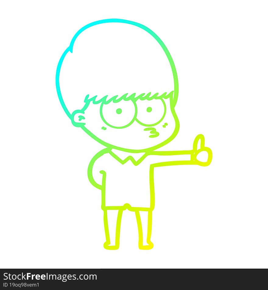 Cold Gradient Line Drawing Curious Cartoon Boy Giving Thumbs Up Sign