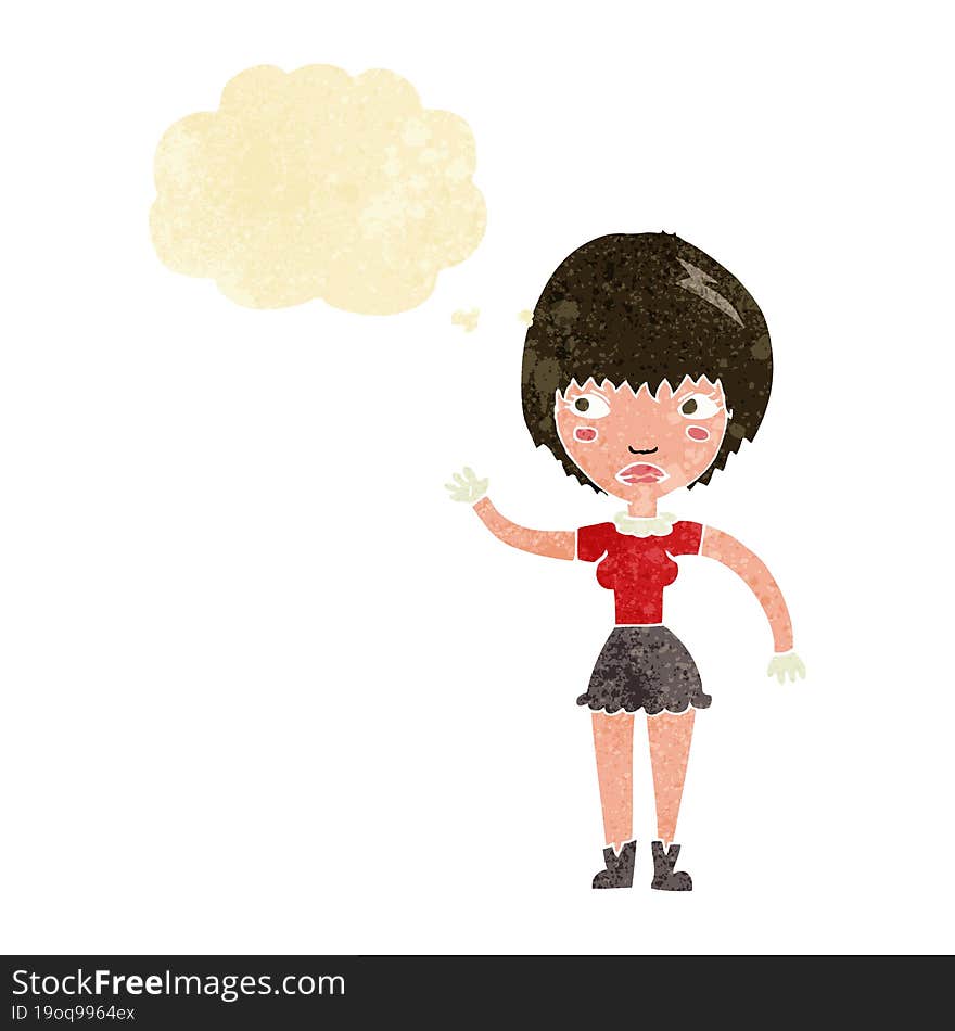 cartoon waving woman with thought bubble