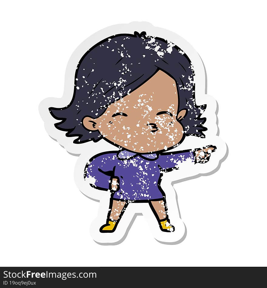 distressed sticker of a cartoon woman pointing