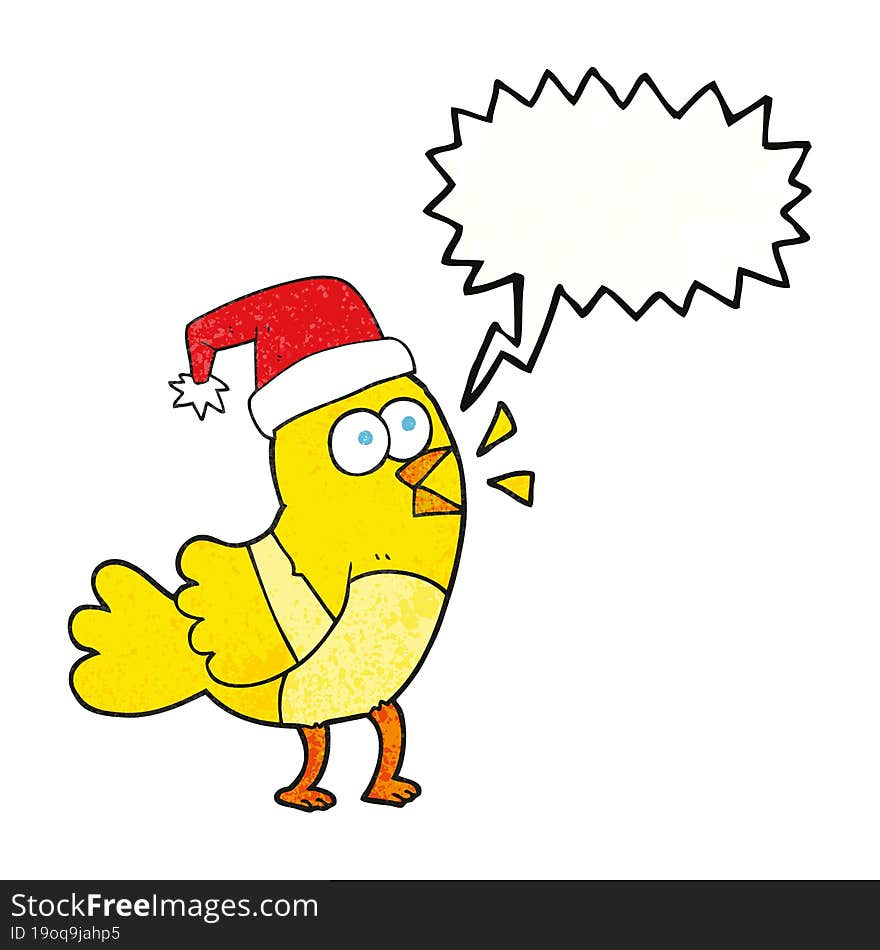 freehand speech bubble textured cartoon bird wearing christmas hat