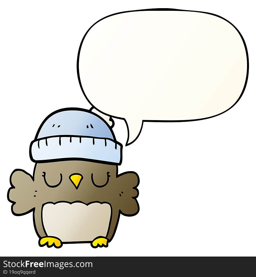 cute cartoon owl in hat and speech bubble in smooth gradient style