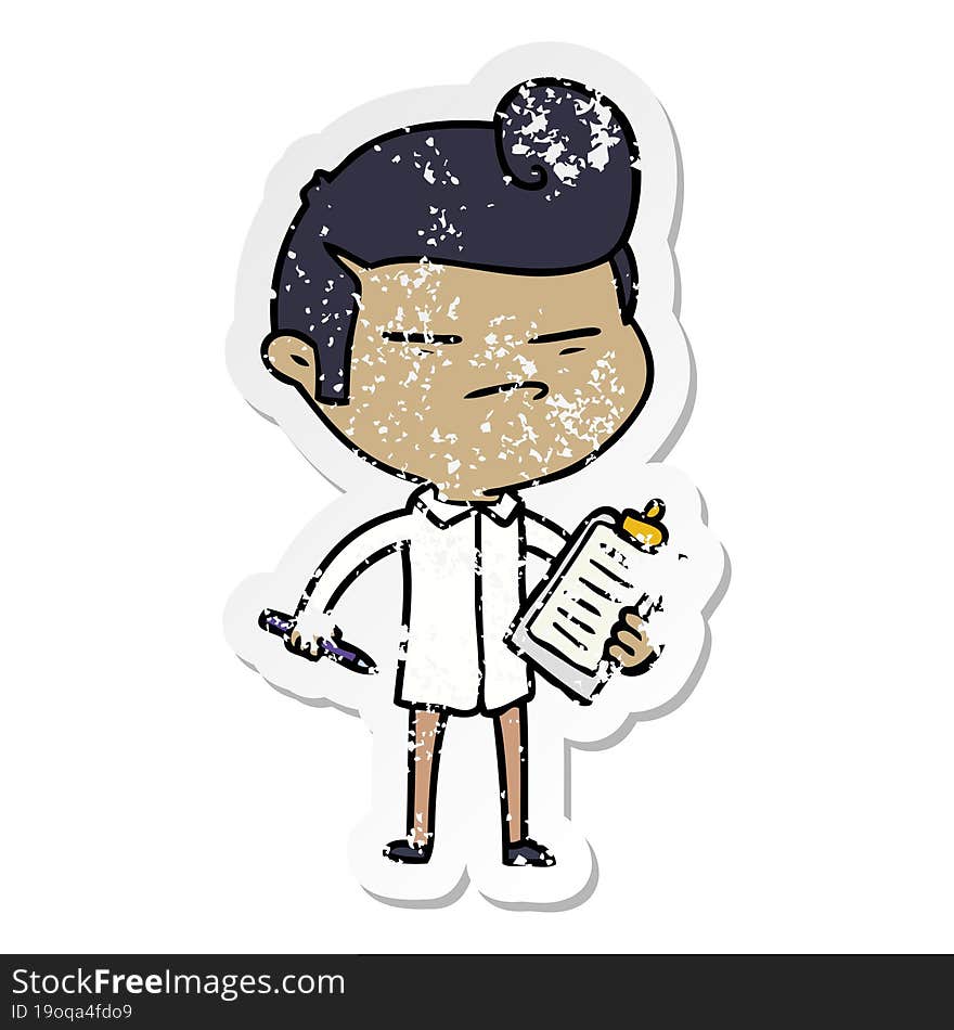 distressed sticker of a cartoon cool guy with fashion hair cut and clip board