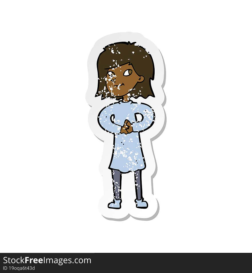 retro distressed sticker of a cartoon happy woman