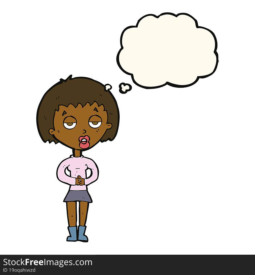 cartoon bored woman waiting with thought bubble