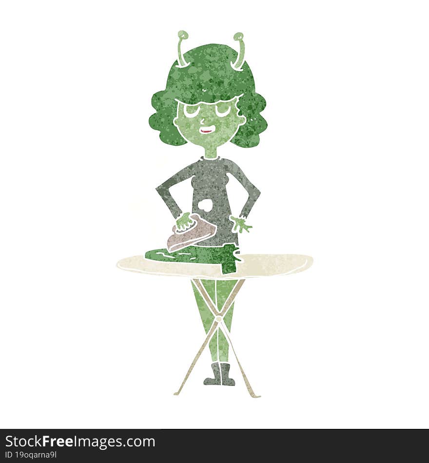 Cartoon Alien Woman Ironing