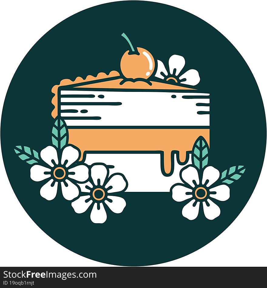 Tattoo Style Icon Of A Slice Of Cake And Flowers