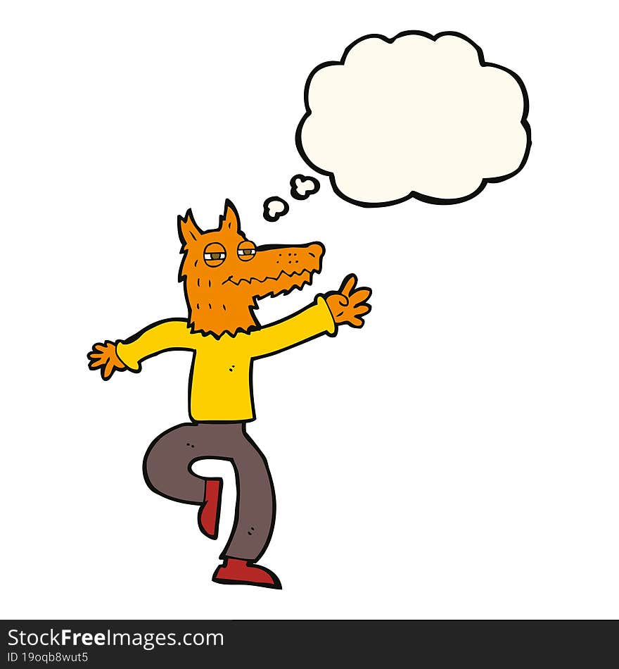 cartoon happy fox man with thought bubble