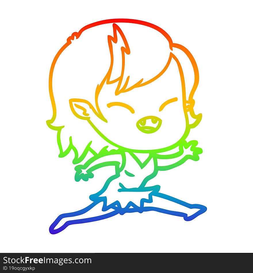 rainbow gradient line drawing of a cartoon laughing vampire girl running