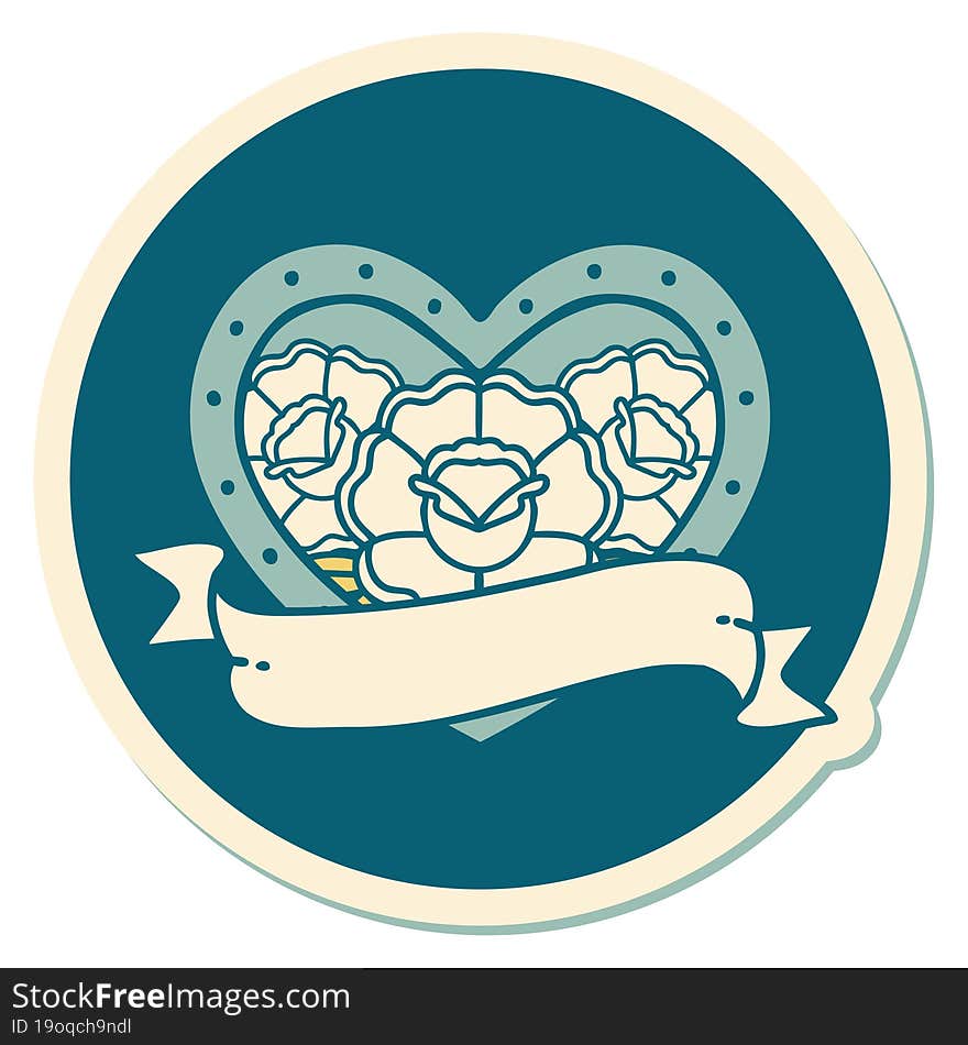 sticker of tattoo in traditional style of a heart and banner with flowers. sticker of tattoo in traditional style of a heart and banner with flowers