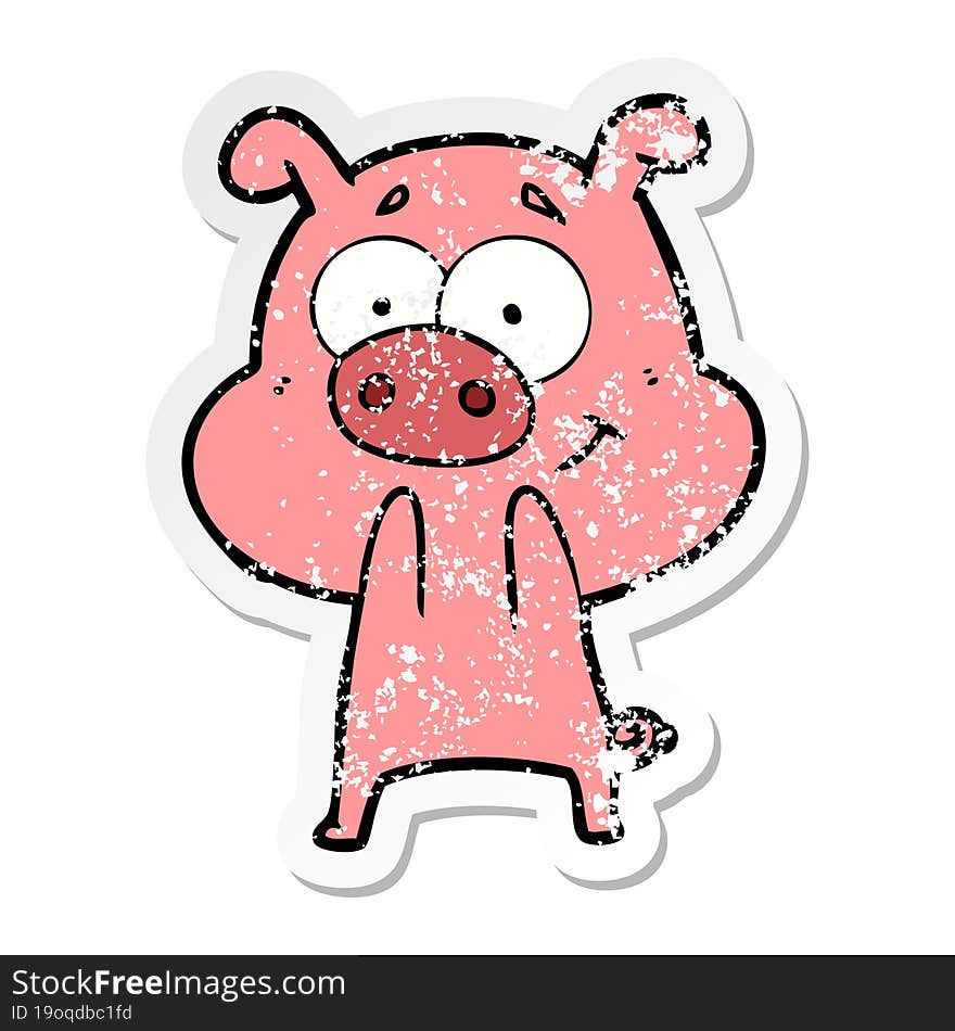 distressed sticker of a happy cartoon pig