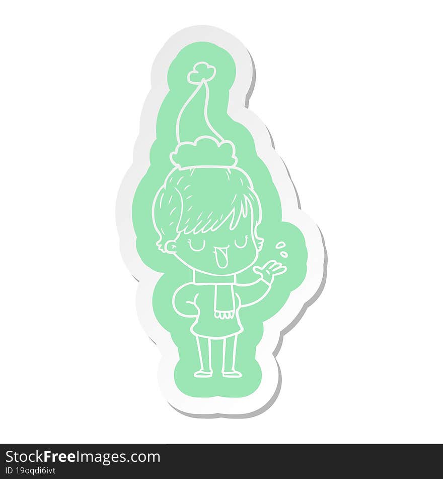 quirky cartoon  sticker of a woman talking wearing santa hat