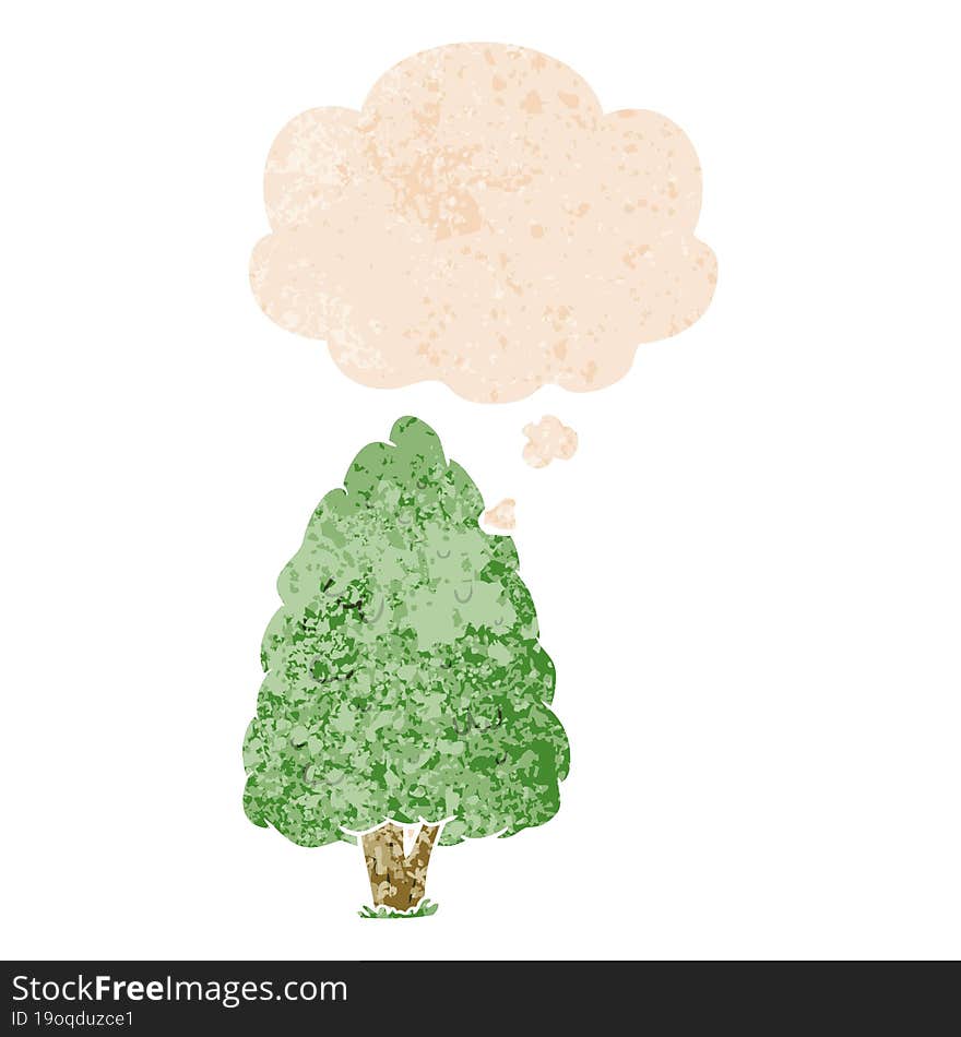 Cartoon Tall Tree And Thought Bubble In Retro Textured Style