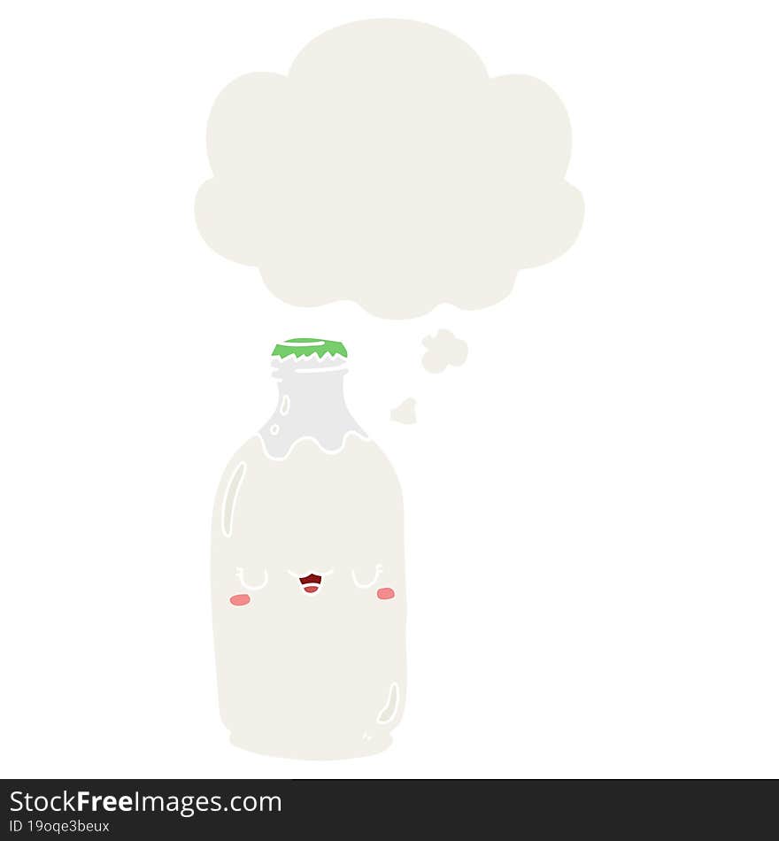 cute cartoon milk bottle and thought bubble in retro style