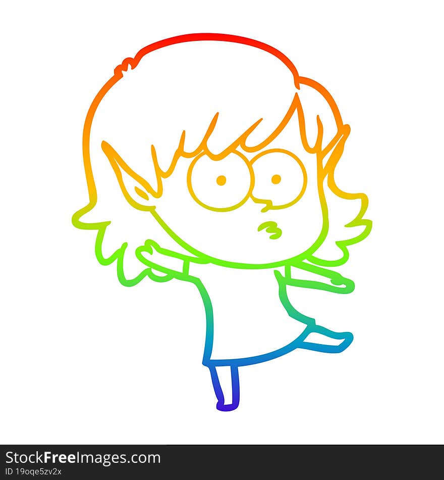 Rainbow Gradient Line Drawing Cartoon Elf Girl Dancing