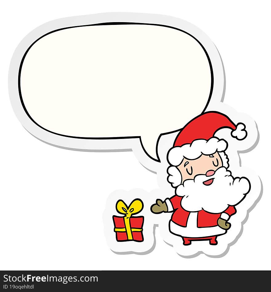 cartoon santa claus with present with speech bubble sticker. cartoon santa claus with present with speech bubble sticker