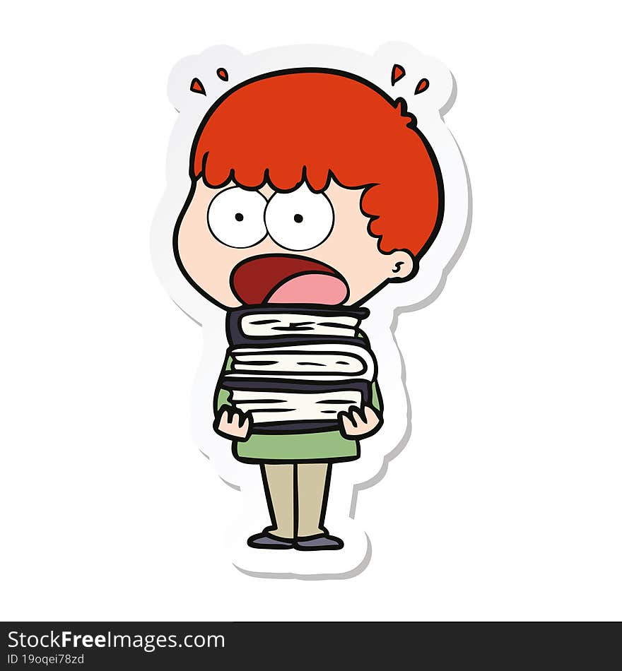 sticker of a cartoon shocked boy with stack of books