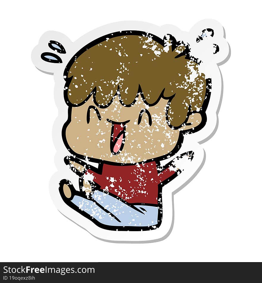 distressed sticker of a cartoon laughing boy