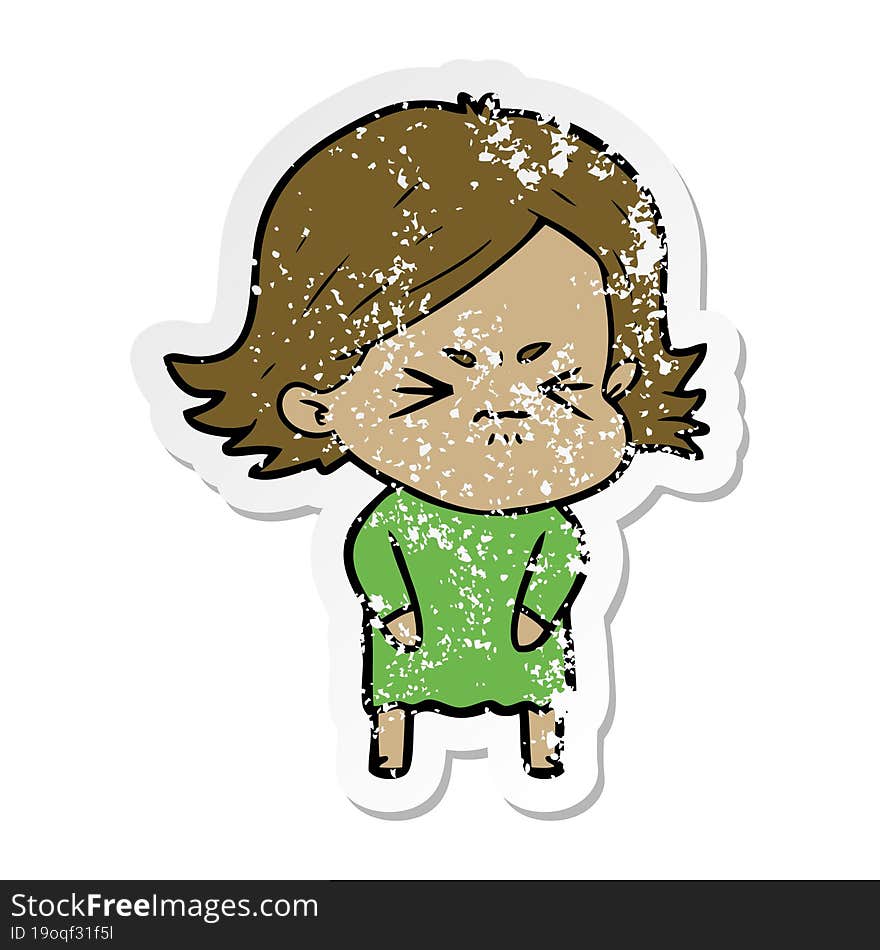 distressed sticker of a cartoon angry girl