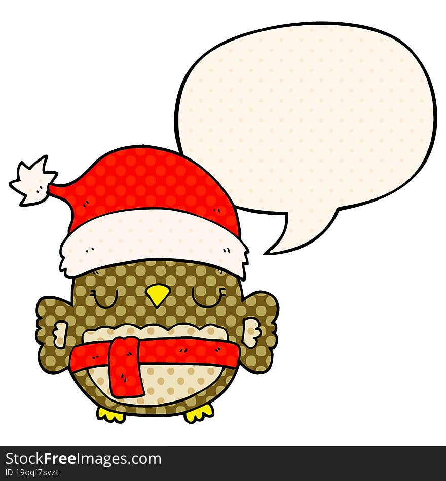 cute christmas owl and speech bubble in comic book style