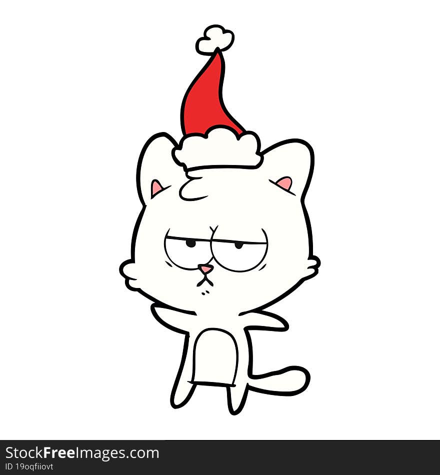 bored line drawing of a cat wearing santa hat