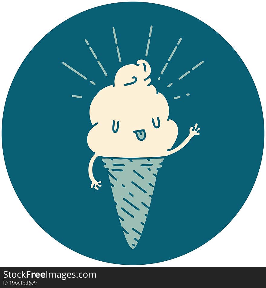 Icon Of Tattoo Style Ice Cream Character Waving