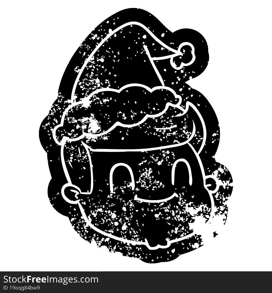 cartoon distressed icon of a male face wearing santa hat