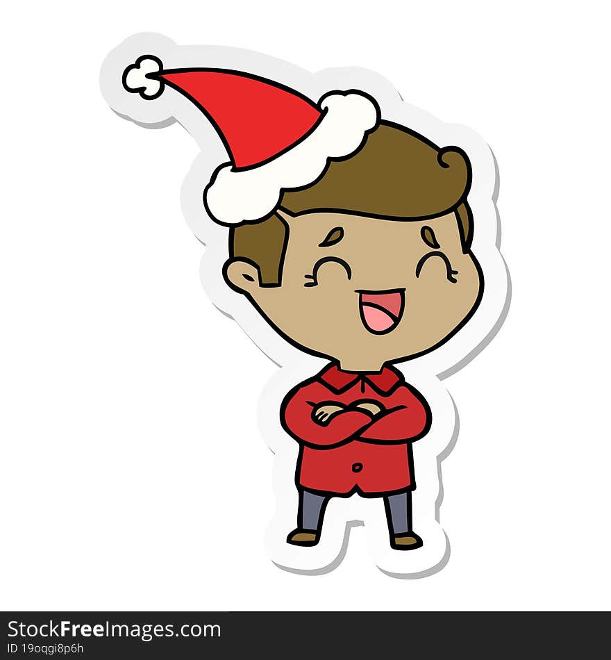 hand drawn sticker cartoon of a laughing man wearing santa hat