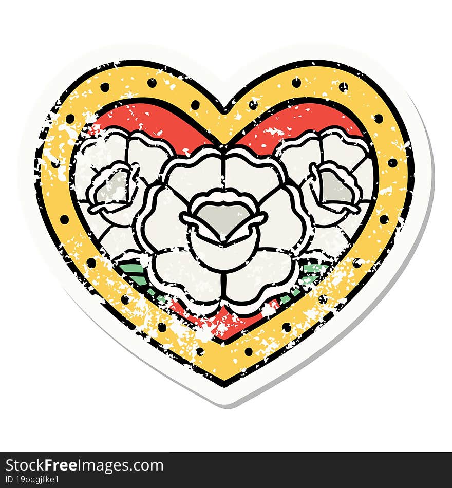 traditional distressed sticker tattoo of a heart and flowers