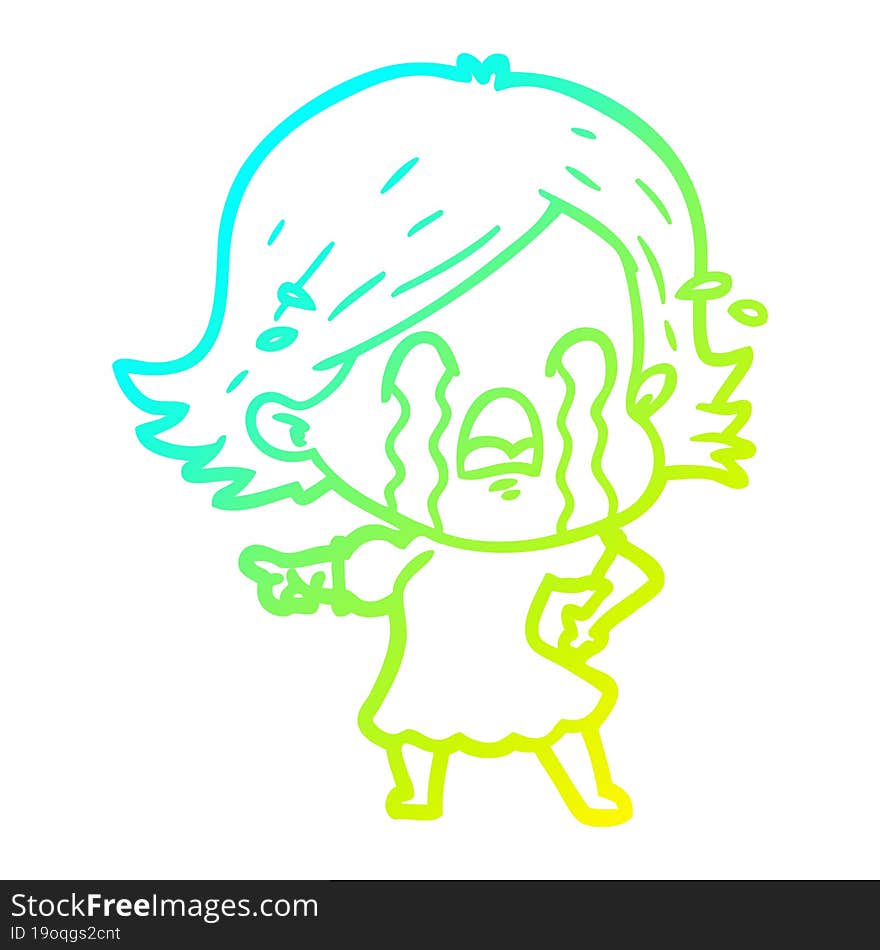 cold gradient line drawing of a cartoon woman crying