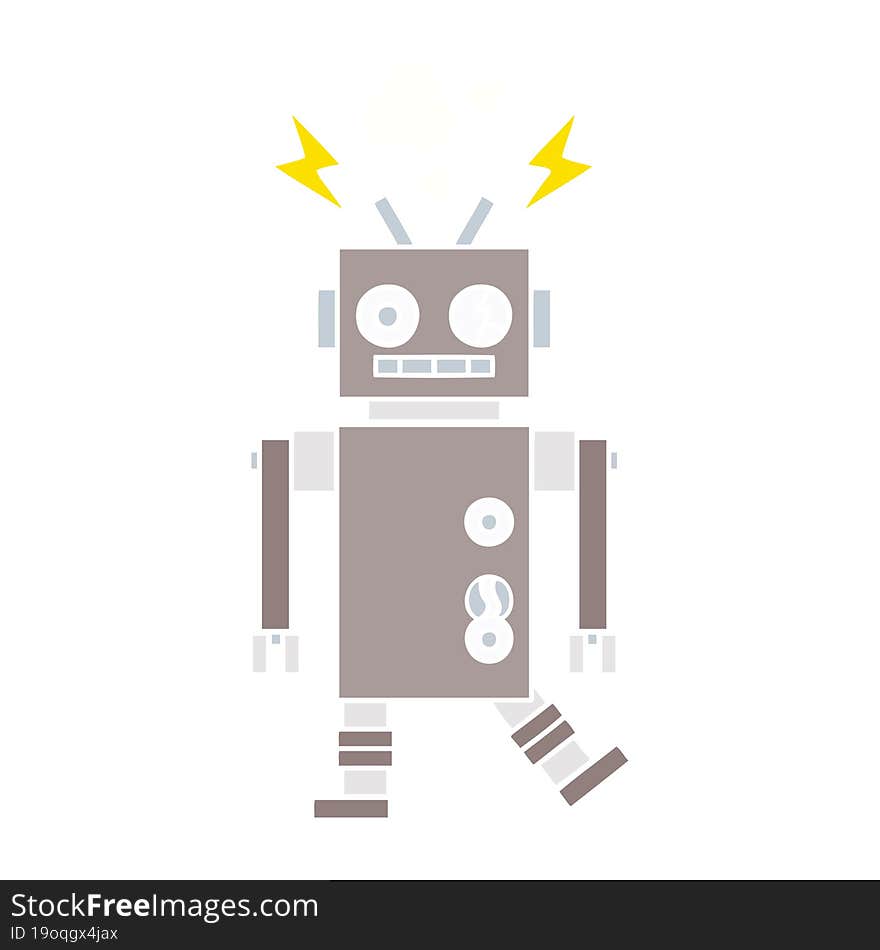 Flat Color Retro Cartoon Malfunctioning Robot