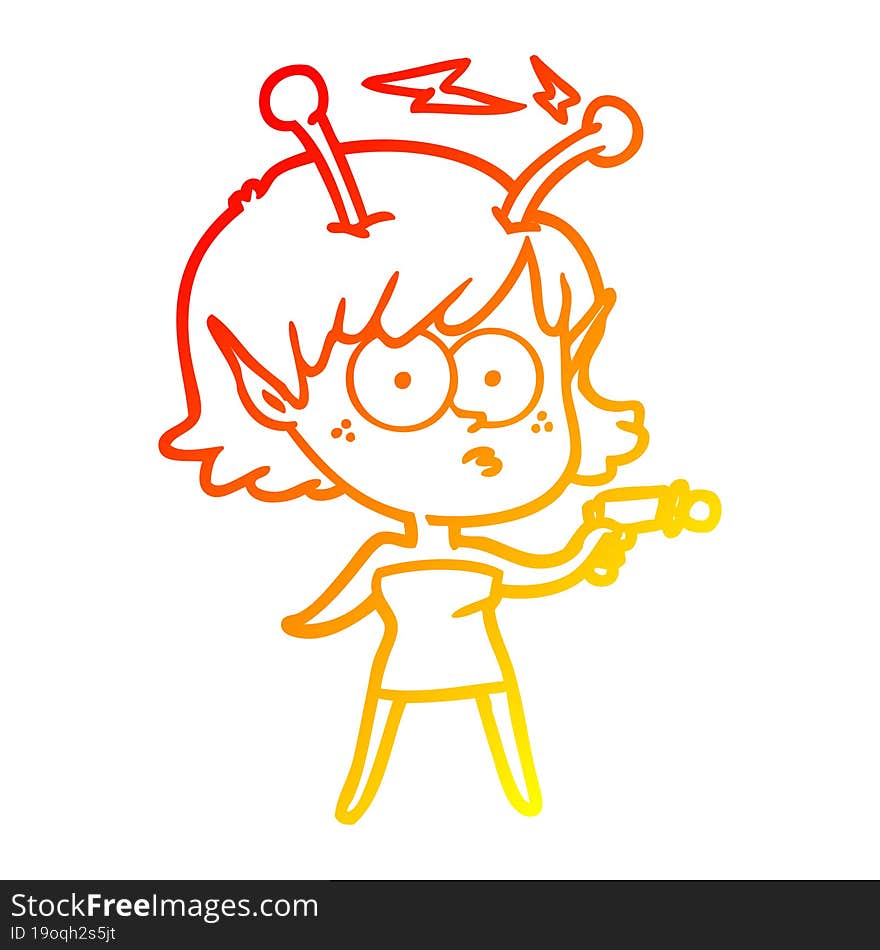 warm gradient line drawing of a cartoon alien girl