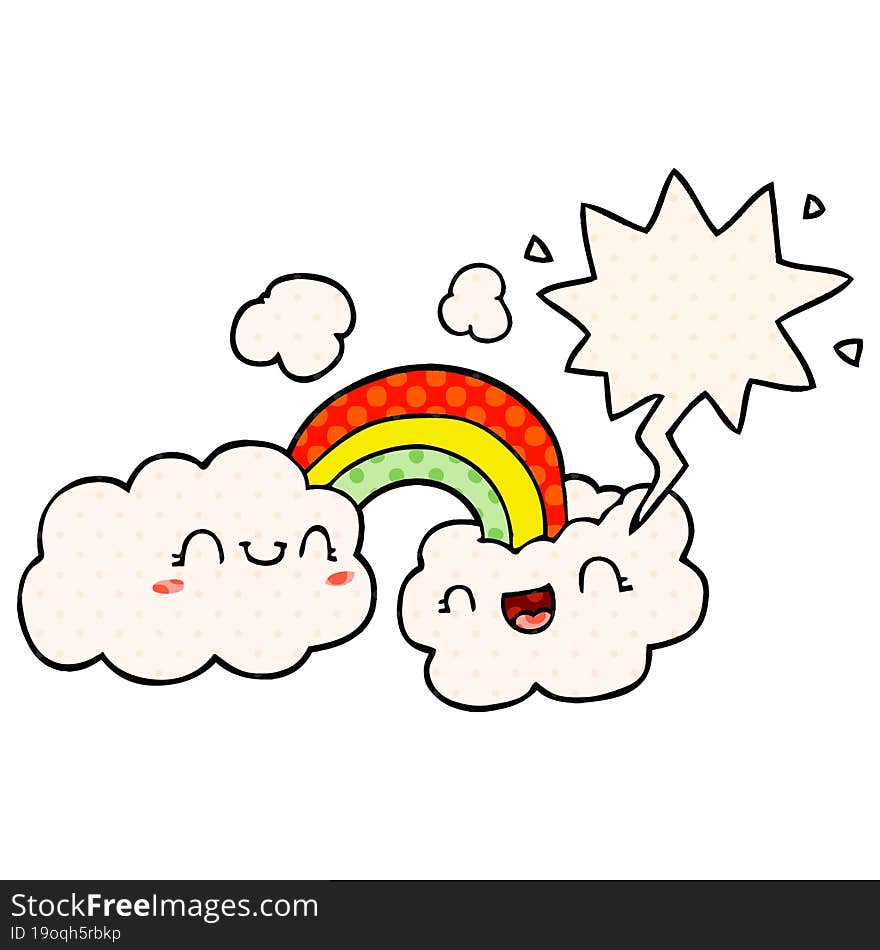 happy cartoon clouds and rainbow with speech bubble in comic book style