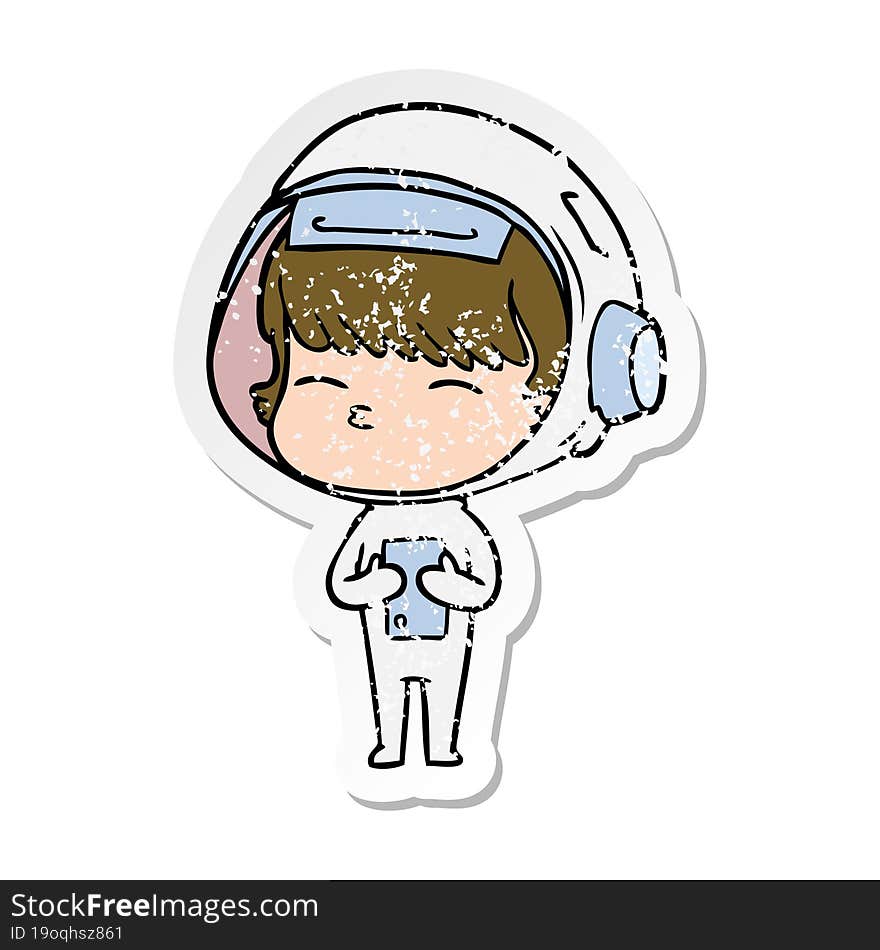 distressed sticker of a cartoon curious astronaut